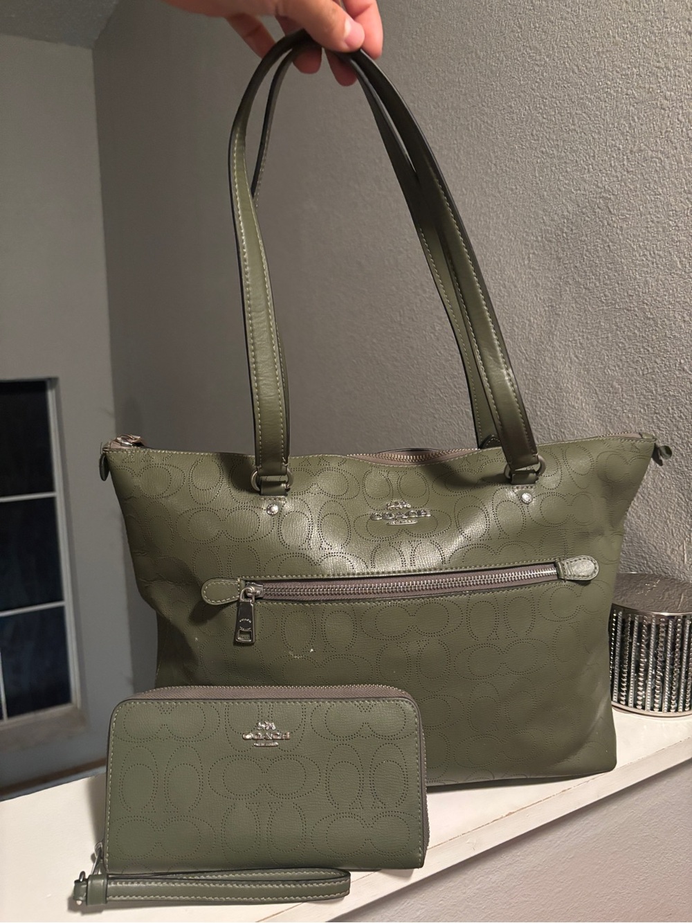Coach Gallery Tote, Olive Green Signature with Matching Zip Wallet